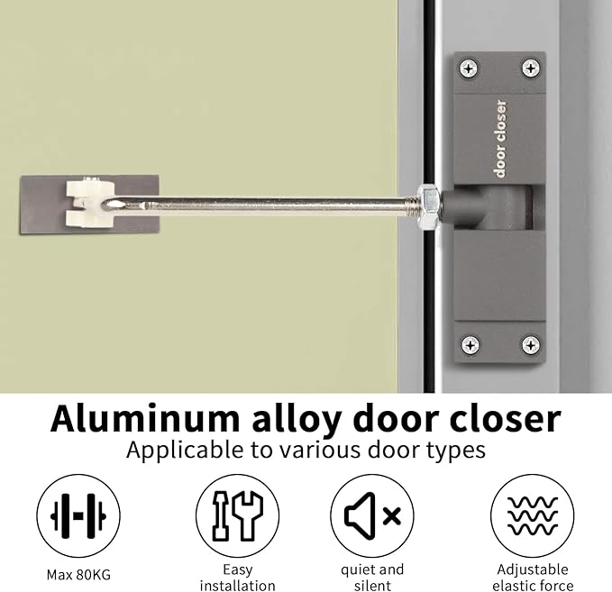 Automatic Door Closer, Safety Spring Door Closer Adjustable Self Closing Door Hinge Zinc Alloy Door Closers for Home, Up to 150Lb can be Pushed (Gray)