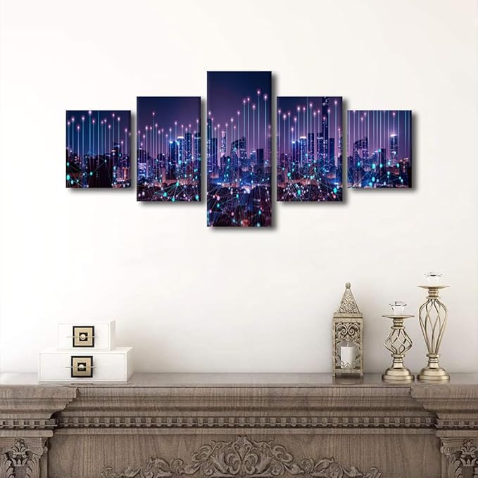 Canvas Wall Art Energy Digitalization Picture Printing Modern City Landscape Poster 5 Panel Home Decoration Artwork Big Data Worker Office Bedroom Decor Frame and Stretched Ready to Hang 50x24 Inch