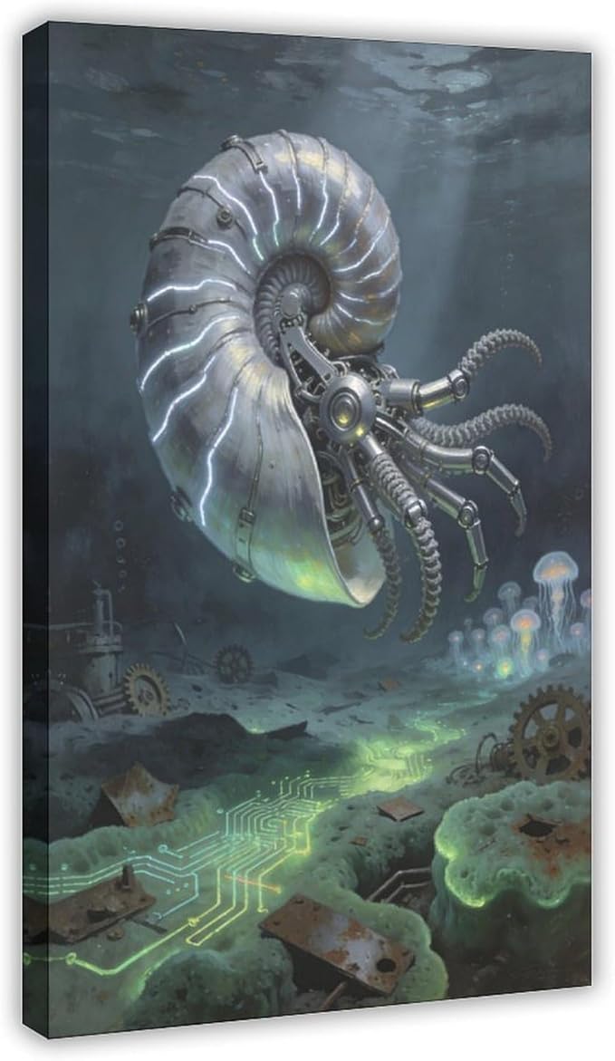 Framed Steampunk Mechanical Nautilus Wall Art - Underwater Industrial Poster for Man Cave Studio Decor 24x36inch(60x90cm)