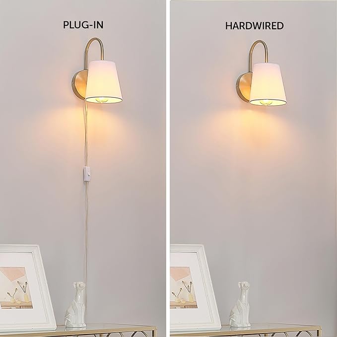 Globe Electric 65000053 1-Light Hardwire or Plug-in Wall Sconce, Matte Brass, White Textured Shade, Arched Arm, Lighting, Home Decor, Lights for Bedroom Plug in