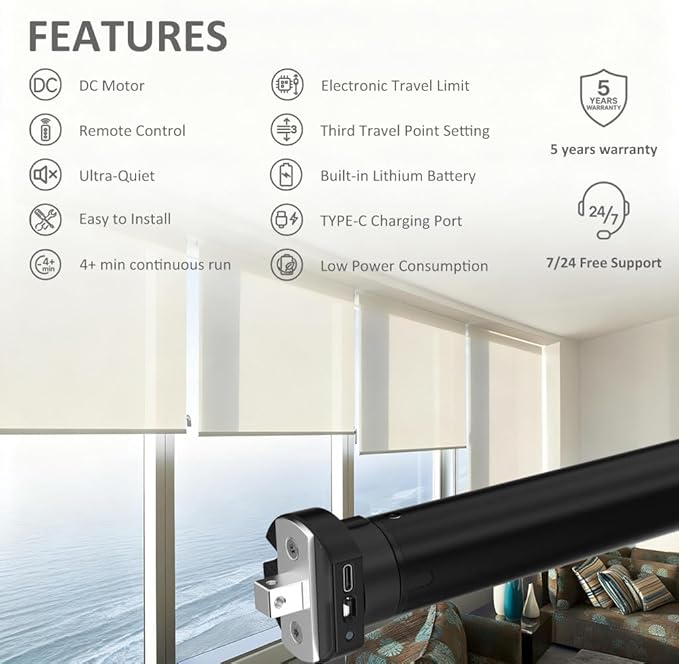 Remote Control Rechargeable Electric Roller Shade Motor, High Torque Tubular Motor for, Built-in 5000mAh Batteries Heavy Duty DIY Retrofit Kit (10 N.m for Φ40mm (1.57") Round Tube)