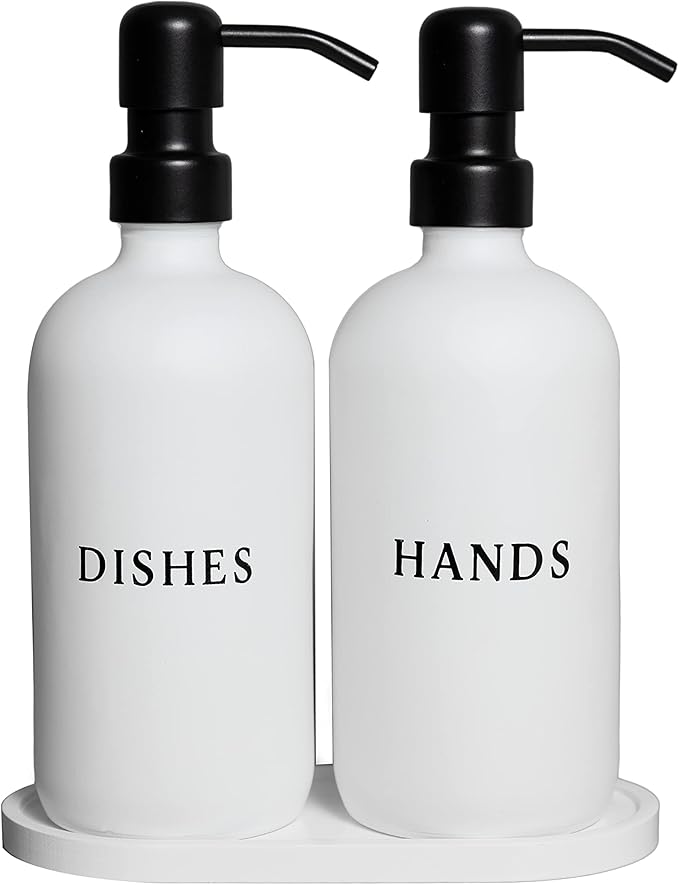 Glass Hand and Dish Soap Dispenser Set with Bamboo Tray – 16 oz Kitchen Soap Dispenser Set, Black Pumps, Silicone Funnel – Modern Farmhouse Kitchen Sink Decor and Accessories