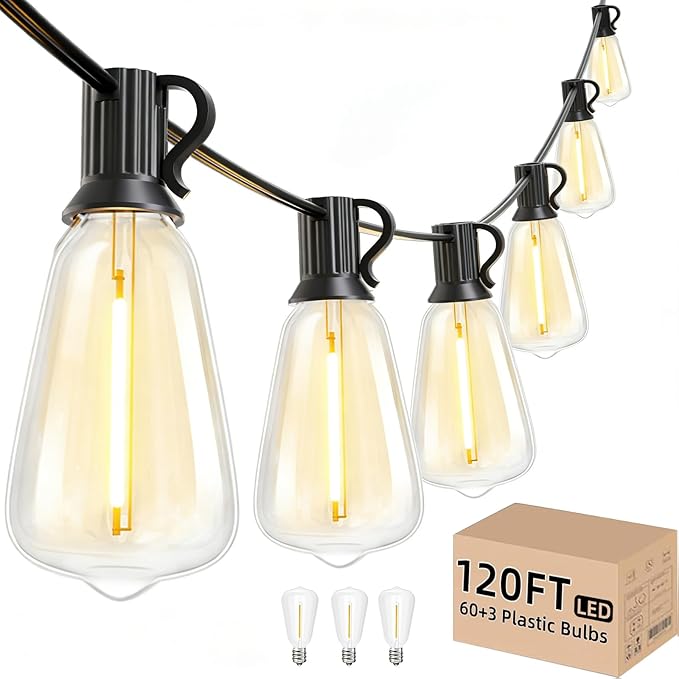 Svater Outdoor String Lights 120 FT ST38 Patio String Lights with 63 Waterproof Shatterproof LED Bulbs Connectable Lights for Outside Backyard Garden Porch