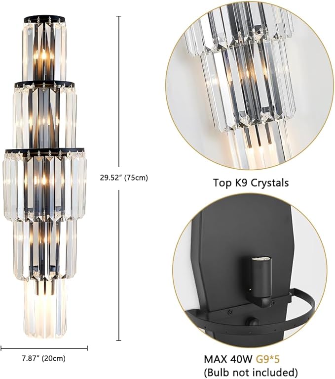 29.5 inch Modern Wall Sconce Crystal Vanity Wall Sconce Lighting 5-Light Black Wall Light Fixtures for Bedroom Living Room Bathroom Hallway