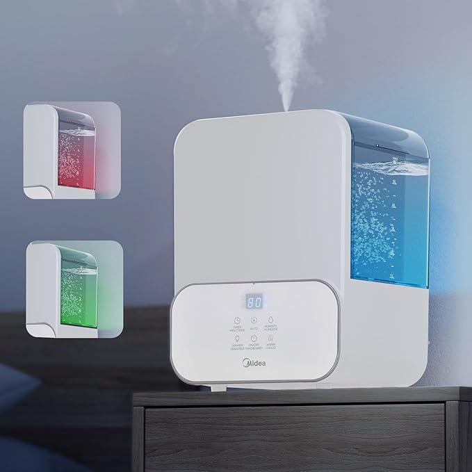 Midea 6L (1.6 Gal) Warm & Cool Mist Ultrasonic Humidifier, Top Fill Design, Smart Humidity Control with Auto Mode, 24-Hour Runtime, Essential Oil Tray, Timer & Night Light, White