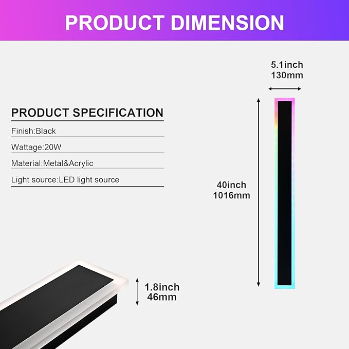 Modern RGB Long Outdoor Wall Lights for House,2 Pack RGB LED Wall Light Fixture,40 inch Led Liner Wall Sconce Lights,Dimmable Exterior lighting Fixtures for Porch,Garage,Patio with Romote Control