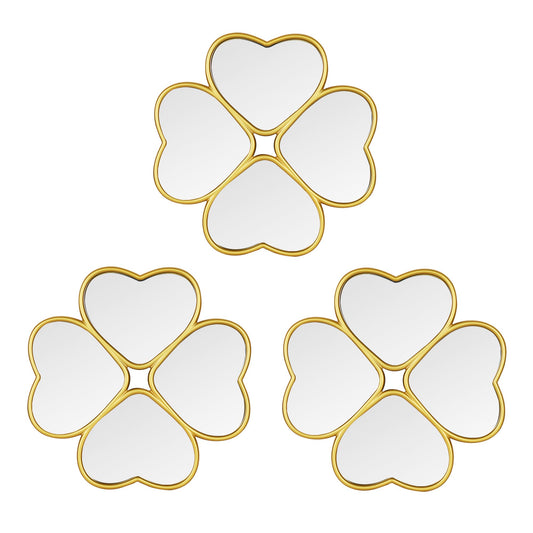 LuHeToz Small Decoritive Heart Wall Mirrors Set of 3, Decorative Four-Leaf Clover Mirror (Gold)