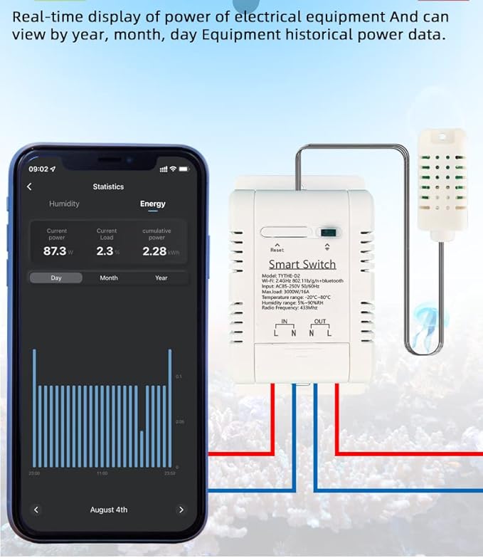 WiFi Wireless Temperature Controller,Include Temperature Probe Sensor ,Tuya app Remote 16A Smart Switch with Energy Consumption Monitoring,Work with Alexa Google (Temperature and Humidity)