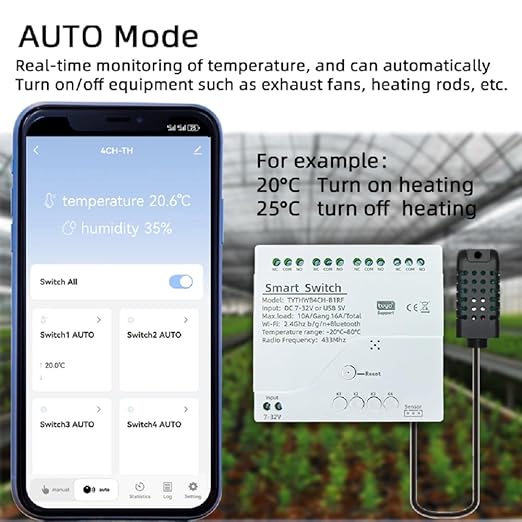 WiFi Wireless Smart Temperature Sensor Probe Relay Switch,4CH Dry Contact App Remote Monitor and Control Temperature,Compatible with Alexa Google Home