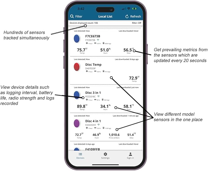 Bluetooth Compatible Thermometer, Hygrometer & Dew Point Sensor and Logger, Smart Temperature Humidity Monitor, Unlimited Phone Storage. Simple Data Export. Made in USA