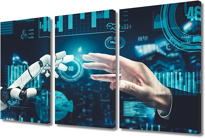TUMOVO 3 Panels Wall Art AI Intelligence Canvas Prints Robot Paintings Modern Artwork for Home Walls AI Posters and Prints Giclee Gallery-wrapped Framed Ready to Hang, 36" Wx24 H