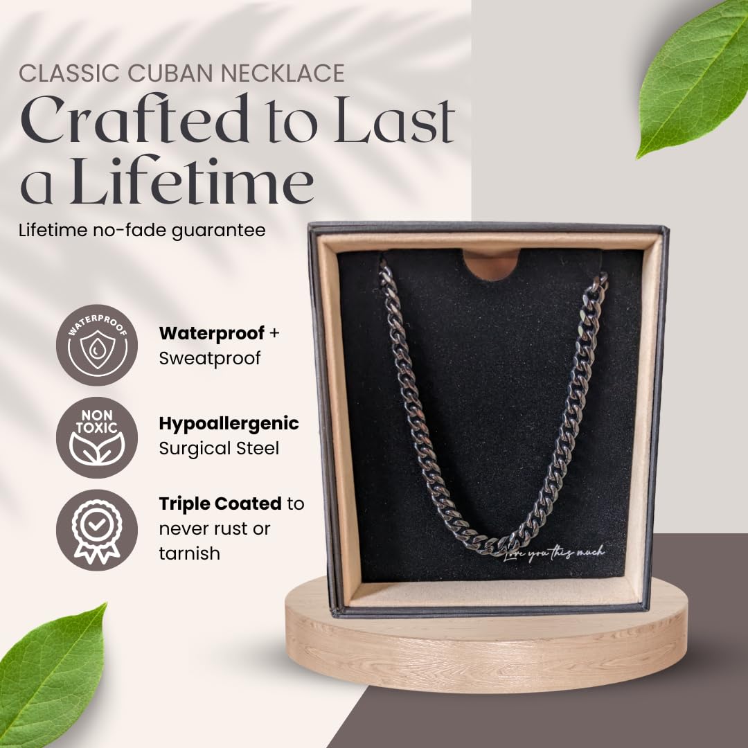 Love You This Much Promise Cuban Chain Necklace for Him, 7mm Thick, Sentimental Gift for Him, BF Gift for Birthday, Present Ideas for Boyfriend (Titan Black Finish)