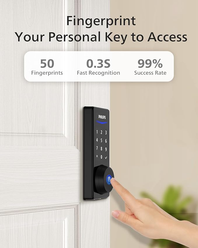 Philips Wi-Fi Smart Door Lock, Keyless Entry Door Lock with App Control,Fingerprint ID,Auto Lock,Keypad Deadbolt with Wi-Fi Bridge Adaptor,Smart Locks for Front Door-Matte Black