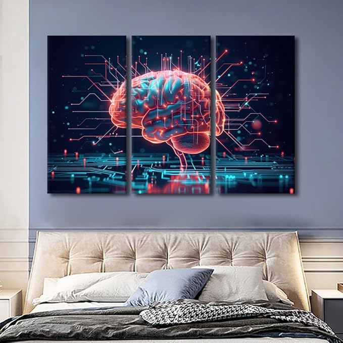 Framed Wall Art 3 Piece AI Brain Cloud Networking Posters and Prints for Bedroom Living Room Wall Decoration, Business and Technology Artwork Gallery-Wrapped Ready to Hang, 60" Wx40 H