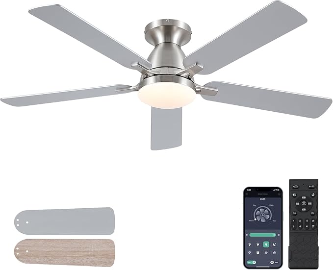 Ceiling Fans with Lights, 52" Flush Mount Ceiling Fan with Light and Remote/APP Control, Low Profile, Modern Ceiling Fan Reversible, Dimmable, Noiseless, Ceiling Fan for Bedroom，Brushed Nickel
