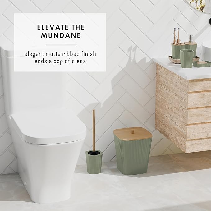 Clara Clark Bathroom Set - Sage Green Bathroom Accessories Set, 6PC Bathroom Accessory Set, Bathroom Sets with Adhesive Corner Shower Caddy Hanging, Toilet Brush, Trash Can & Soap Dispenser