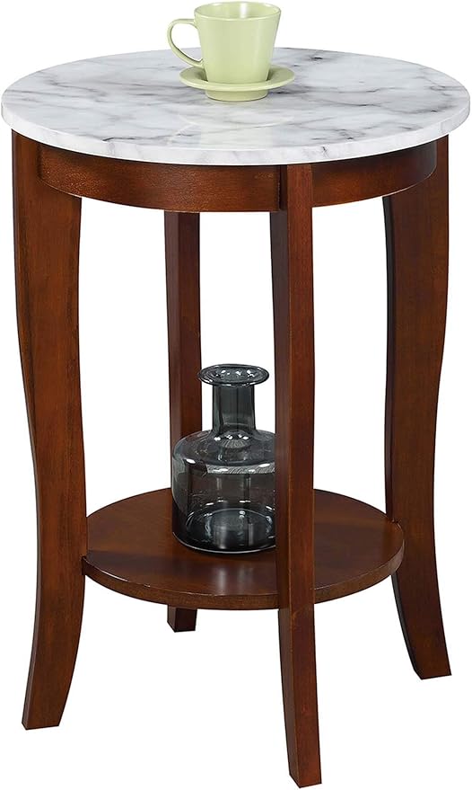 Convenience Concepts American Heritage Round End Table, White Faux Marble / Espresso
