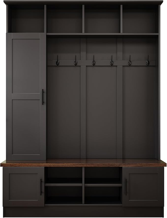 Versatile 3-in-1 Hall Tree with 6 Hooks, Farmhouse Walnut Storage Bench with Adjustable Shelves, 55" W Entryway Coat Rack with Multiple Storage Space for Mudroom, Living Room (Black-7)