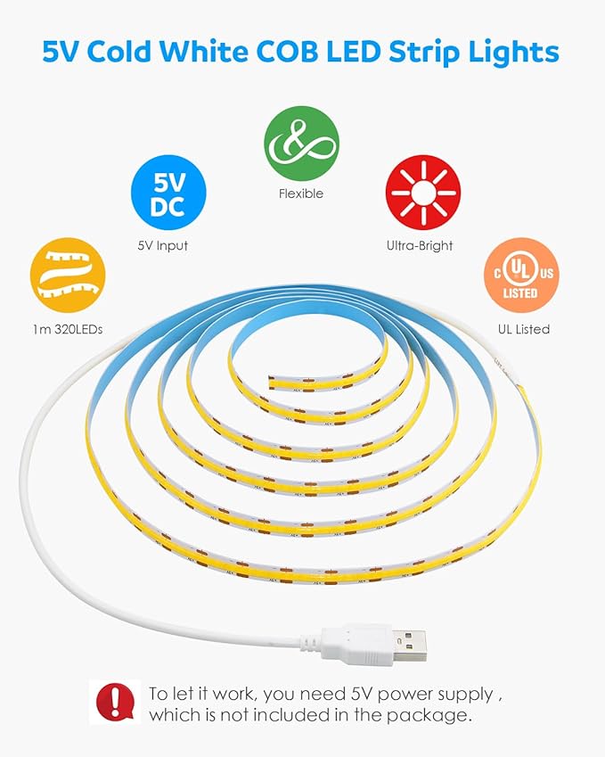 Aclorol USB Led Light Strip COB Led Strip Lights 5V Daylight Cold White 6000K 3.28FT 320Leds Flexible TV Led Lights USB Powered 1M for Under Cabinet Kitchen Living Room Shelving or Displays