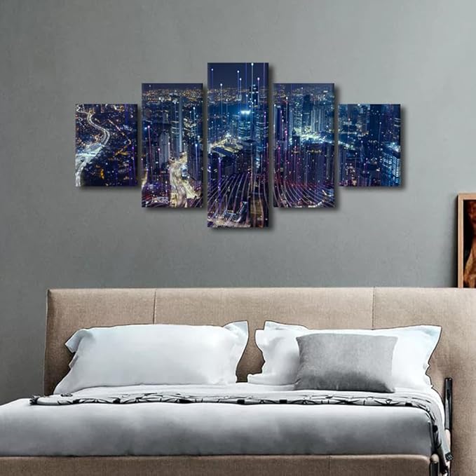 Advanced Smart City Poster Native Americans Home Decoration 5 Panel Futuristic Communication Picture Printing Technology Workers Office Living Room Decor Frame and Stretched Ready to Hang 60x32 Inch