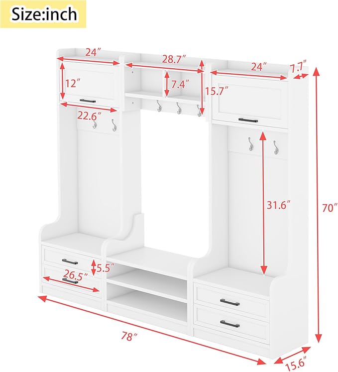 Bellemave Wide Hall Tree with Storage Bench, Wood Coat Rack with 4 Drawers and 7 Hooks, Detachable Mudroom Organizer with Shoes Storage Shelves for Entryway Hallway, White