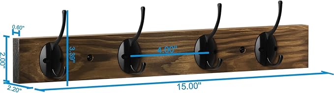 Coat Hooks Wall Mounted, Wooden Hat Rack with 4 Hooks for Entryway, Bathroom,Bedroom(Brown)