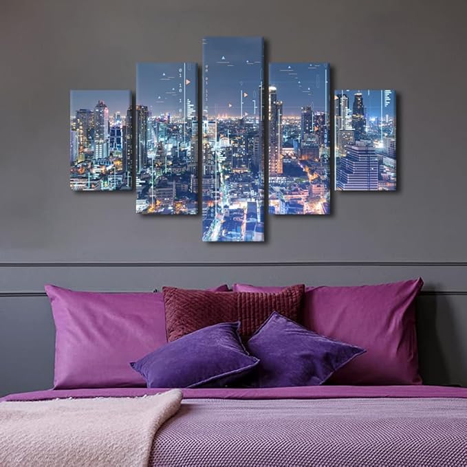 Advanced City Canvas Poster Modern Home Decoration Communication Workers Office Decor Student Bedroom Wall Art Decorate 5 Panel Sense of Technology Poster Frame and Stretched Ready to Hang 60x40 Inch