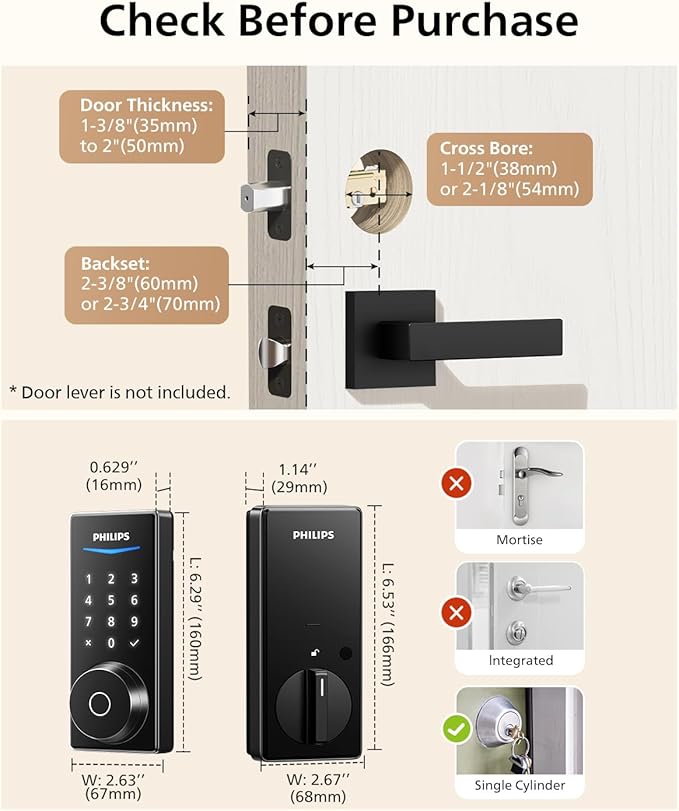 Philips Smart Door Lock with Apple Home, Matter Over Thread, Keyless Entry Door Lock with App Remote Control, Touchscreen Fingerprint Front Door Lock Set, Deadbolt Lock with Apple Home, Alexa, Google