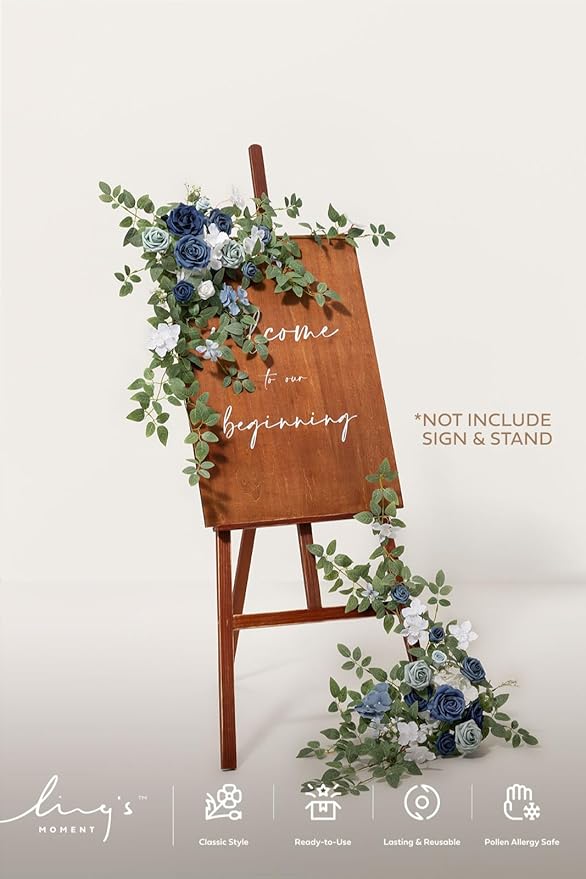 Ling's moment 2pcs Wedding Flowers Garland Artificial Floral Swag Arch Decorations Rose Greenery Arrangements Dusty Blue & Navy Ceremony Reception Garden Easel Wall Entryway Outdoor (NOT Include Sign