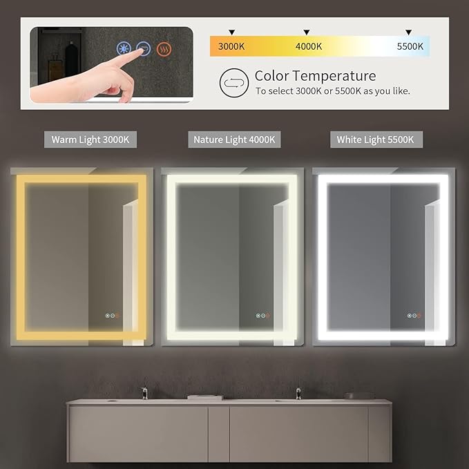 40”x 32” Bathroom Led Vanity Mirror with 3 Colors Light, Dimmable Touch Switch Control, Anti-Fog Wall Mounted Makeup Mirror for Wall (Horizontal