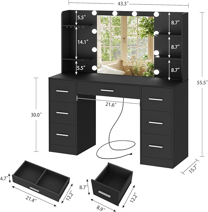 Quimoo Large Vanity Desk with LED Lighted Mirror & Power Outlet,Makeup Vanity Table with 7 Drawers,4 Shelves and 5 Hooks,Vanity Table, Vanity Desk Set for Bedroom,Bathroom，Black