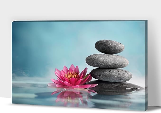 GUTTATY Zen Wall Art Decor, Modern Bathroom Zen Decor Wall Art, Zen Relaxing Canvas Wall Art for Spa Room Decor, Black Pebble and Pink Flower Zen Art Prints for Office & Spa Wall Decor 18x24 Inches