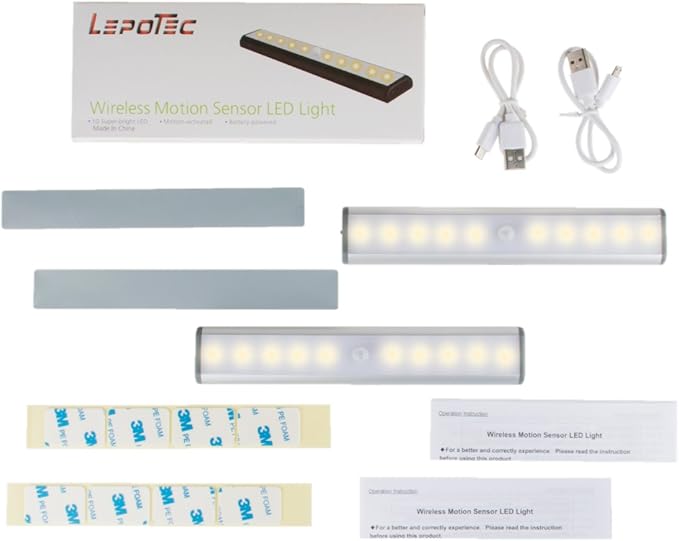 Stick On Cabinet Light,Under Counter Lighting, Motion Sensor, 10 LED Wireless USB Rechargeable Kitchen Battery Operated for Wardrobe,Closets,Cupboard,Warm White-2Pack