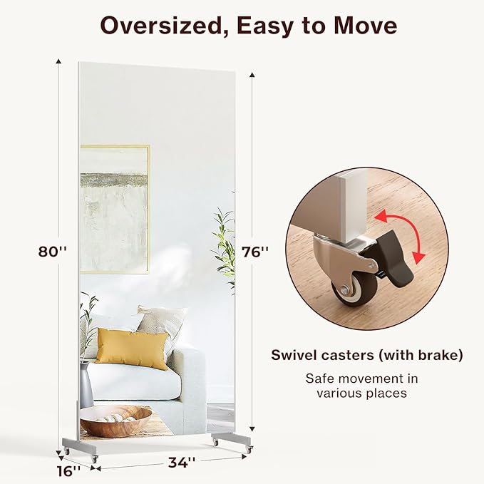 76" x 34" Full Length Standing Mirror on Wheels, Large Glassless Rolling Mirrors with Brakes, Shatterproof Full Body Mirror for Dance Studio/Home Gym, HD Imaging, Easy to Install, Silver