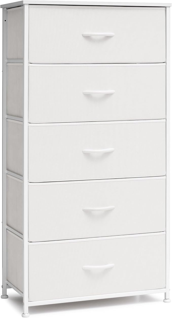 Crestlive Products Tall Dresser for Bedroom Vertical Storage Tower - Wide Fabric Dresser & Chests of Drawers for Closet, Hallway, Entryway w/Wood Top, Easy Pull Fabric Bins - 5 Drawers(White)