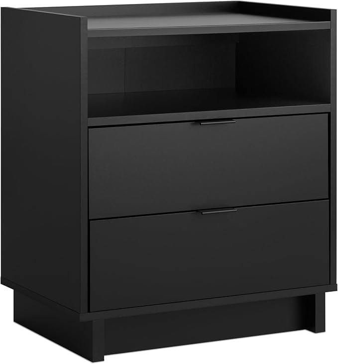 Prepac Simply Modern Nightstand Bedside Table, Black Nightstand for Bedroom, End Table with 2 Drawers and Open Shelf 23.75" W x 26.75" H x 16" D