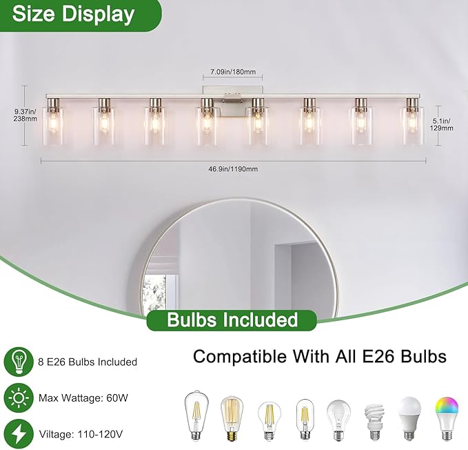8-Light Brushed Nickel Vanity Light Fixtures,Modern Large Bathroom Light Fixtures Wiht Clear Glass ShadeRust and Moisture Resistant Easy to Install Vanity Lights for bathroom lights over mirror