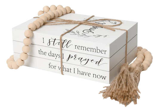 Decorative Books for Home Decor, Faux Books for Decoration, Rustic Farmhouse Decor, Fake Books with 52in Wood Beads Garland, Book Decor for Living Room Coffee Table (Prayed)