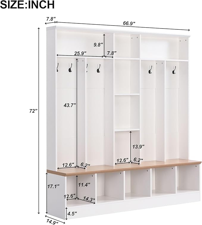 Wide Hall Tree With Shoe Storage Bench, Minimalist Entryway Coat Rack, Cube Storage and Shelves, Multifunctional Mudroom With 8 Hooks for Hallway (White)