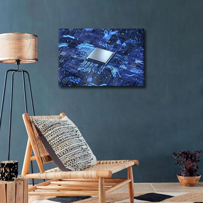 TUMOVO Internet Concept Wall Art for Bedroom CPU Concept Wall Decor Circuit Board Framed Canvas Art Pictures House Deocrations for Living Room Office Large Wall Art Framed Ready to Hang - 24x16in