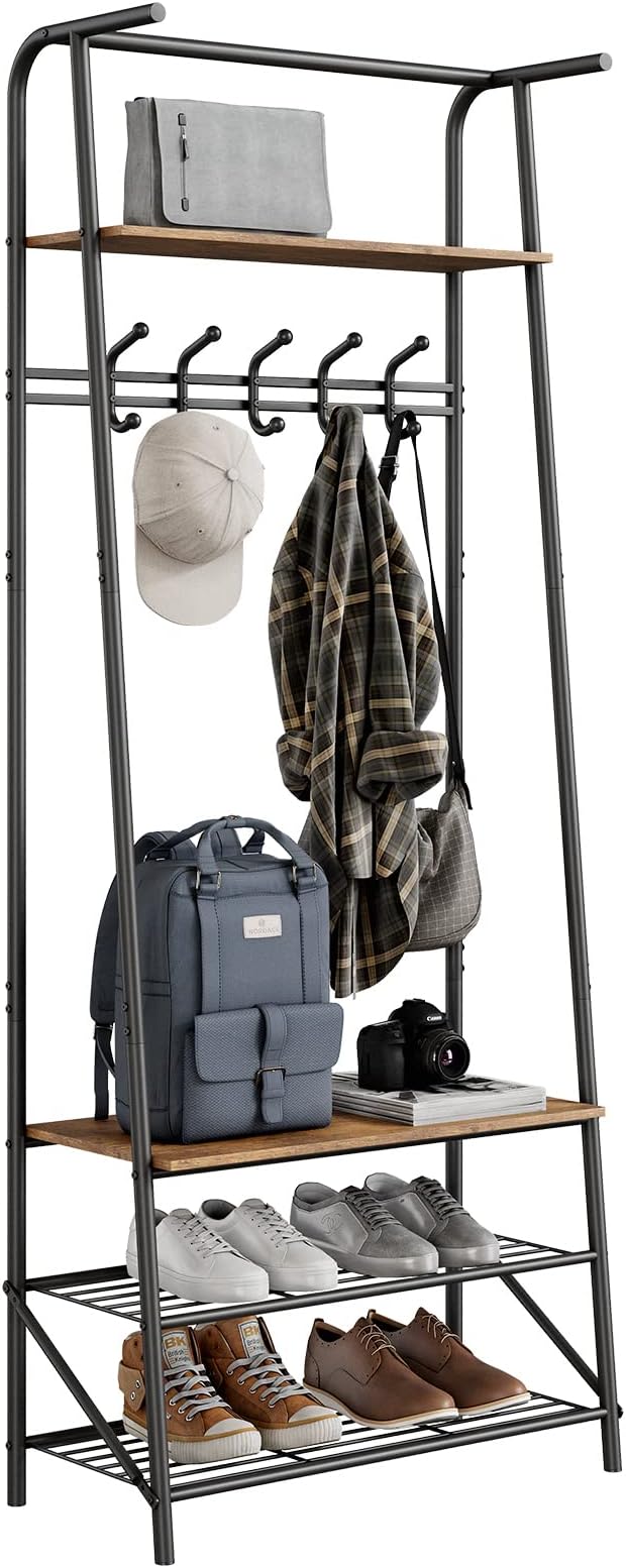 Coat Rack, Floorstanding Hall Tree with Shoe Rack, Wooden and Metal Coat Stand, Industrial Clothes Rack, for Hallway, Living Room, Bedroom, 25.2''x11.4''x70'', Rustic Brown