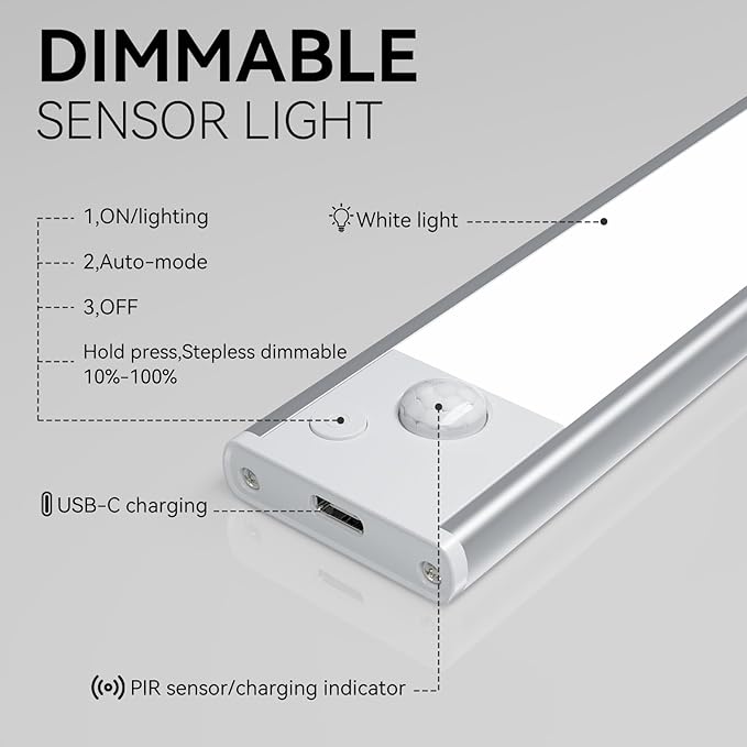 Under Cabinet Lighting, LED Magnetic Motion Activated Under Cabinet Lights, Rechargeable Closet Lights 2800mAh Battery Operated, Wireless Dimmable Under Counter Lights for Kitchen,Hallway 2 Pack