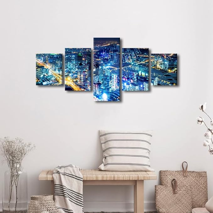 Canvas Wall Art Internet Covered City Posters Modern Smart City Picture 5 Panel Modern Company Decoration Digital Transformation Concept Picture Printing Frame and Stretched Ready to Hang 50x24 Inch