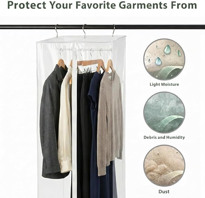 Garment Bag - Clear Hanging Closet Organizer - Durable Zippered Cover with Rod Protects Dresses, Suits, and Jackets from Dust and Moist- Top Metal Frame to Keep All Your Stuff in Shape- 42" x 20" x 15