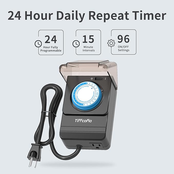 TiFFCOFiO Outdoor Timer Outlet Waterproof, 24 Hour Mechanical Light Timer Outdoor, 2 Grounded Outlets for Home and Garden, 15A 1/2HP, Heavy Duty, ETL Listed (15 Min Interval)