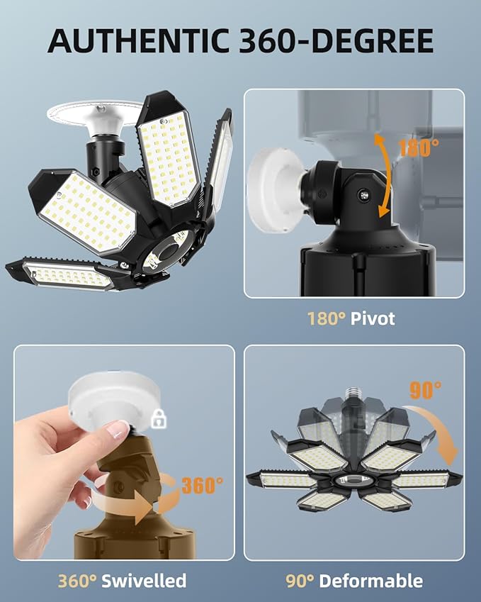Adiding LED Garage Light Rotatable 2 Pack, Bright Basement Shop Ceiling Bay Lighting Fixture w/ 6 Adjustable Panels Screw in E26 E27 Bulb Base for Attic, Shed, Warehouse, Home Gym, Utility, Workshop