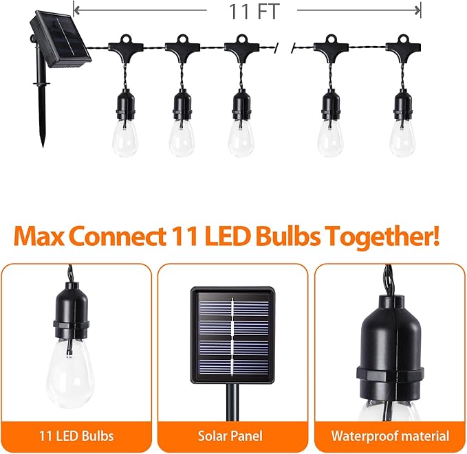 Afirst Solar Outdoor String Lights Waterproof 11FT with 15 LED Bulbs Shatterproof, UL Listed Solar Patio Lights for Garden, Backyard, Porch.