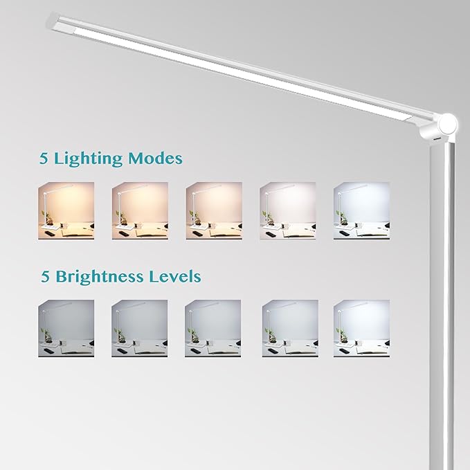 LED Desk Lamp with Wireless Charger & USB Charging Port，Dimmable Table Lamp Reading Lamp for Home Office，5 Color Modes,5 Brightness,Touch Lamp for Study、Office、Bedroom，30/60 Minutes Timer