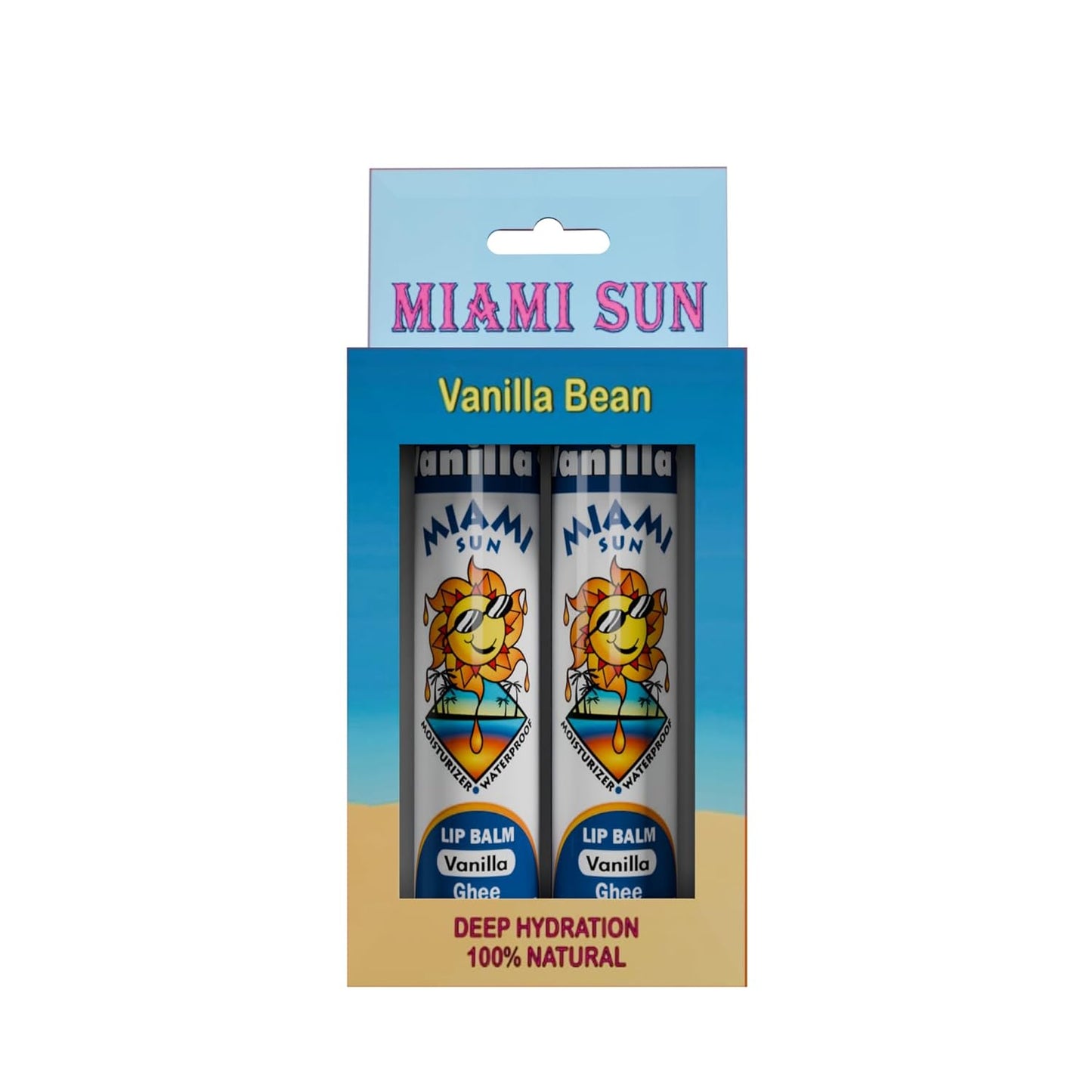 Miami Sun Natural Ghee Lip Balm, Hydrating Lip Treatment with Shea Butter & Beeswax, Organic & Non-Toxic, Best for Dry, Chapped Lips - Moisturizing, Healing, Chemical-Free Care (2 Pack Gift, Vanilla)