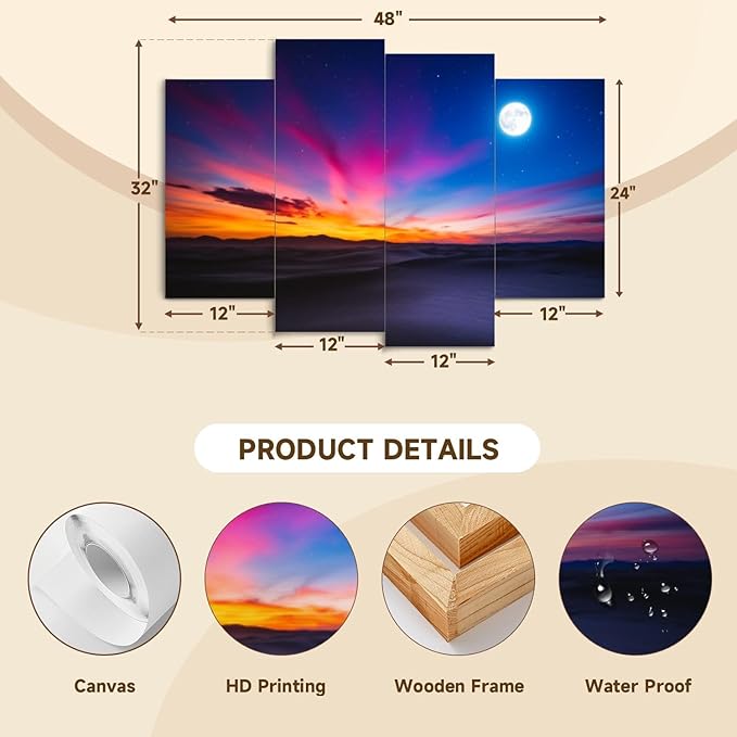 Canvas Wall Art Prints Pictures Moon sky Framed Posters Modern Wall Painting Artwork Gift Home Decor for Living Room Ready to Hang 4 Panel
